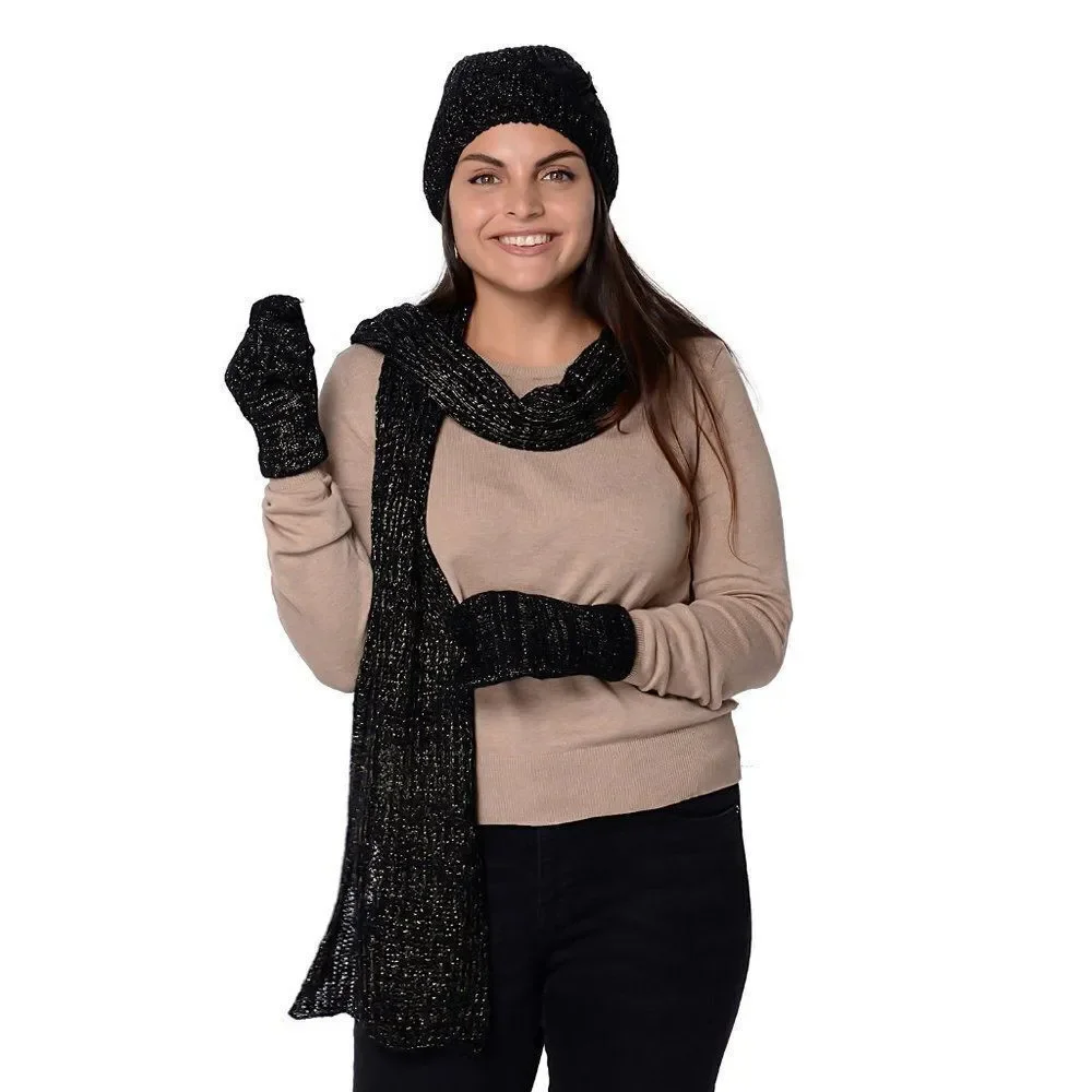 Knitted Beanie, Scarf and Gloves Black, Golden